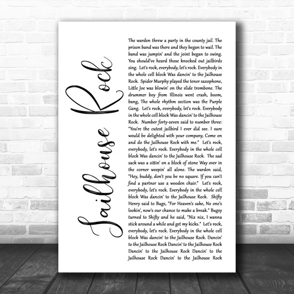 Elvis Presley Jailhouse Rock White Script Song Lyric Music Wall Art Print