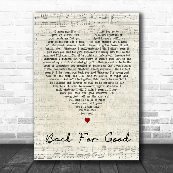 Back For Good Take That Script Heart Song Lyric Quote Print