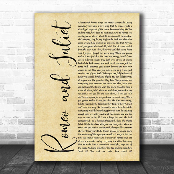 Dire Straits Romeo And Juliet Rustic Script Song Lyric Quote Print
