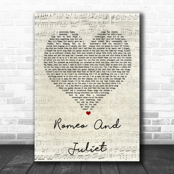Dire Straits Romeo And Juliet Script Heart Song Lyric Quote Print