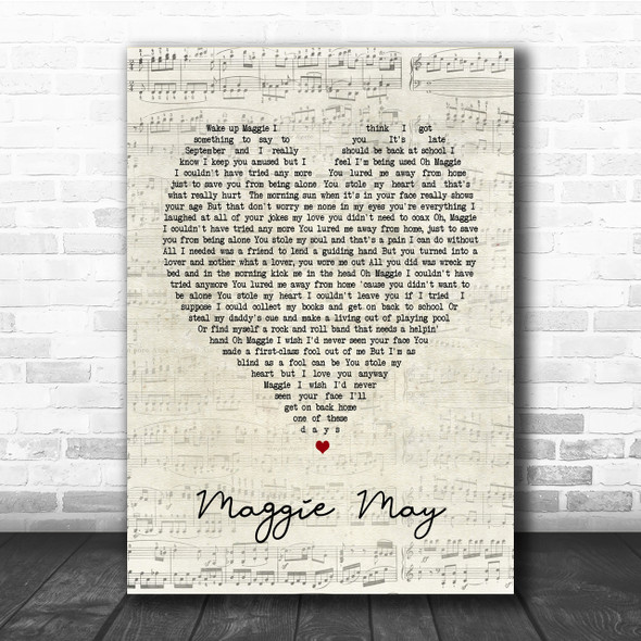 Maggie May Rod Stewart Script Heart Song Lyric Quote Print