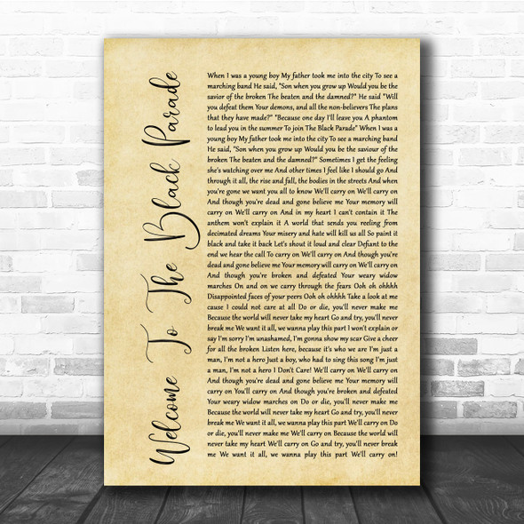 My Chemical Romance Welcome To The Black Parade Rustic Script Song Lyric Print