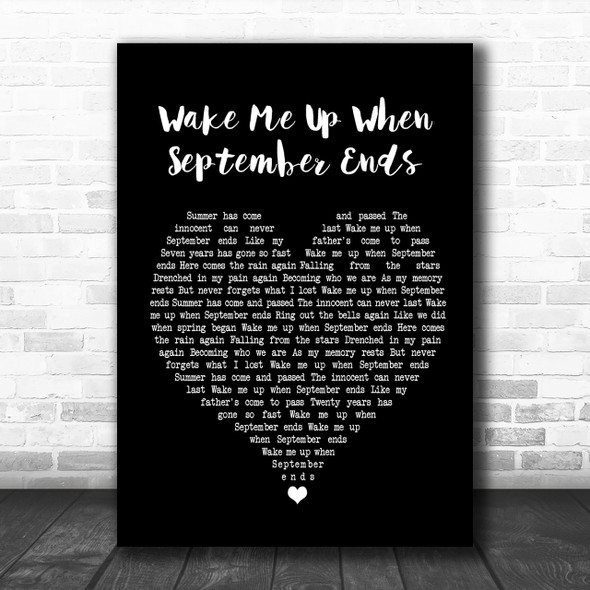 Green Day Wake Me Up When September Ends Black Heart Song Lyric Music Wall Art Print