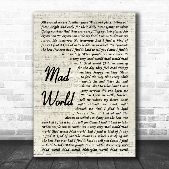 Tears For Fears Mad World Song Lyric Vintage Script Quote Print
