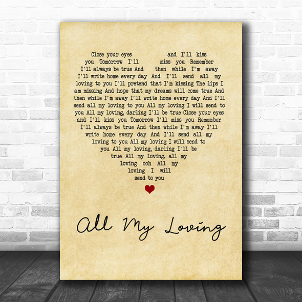 The Beatles All My Loving Vintage Heart Quote Song Lyric Print