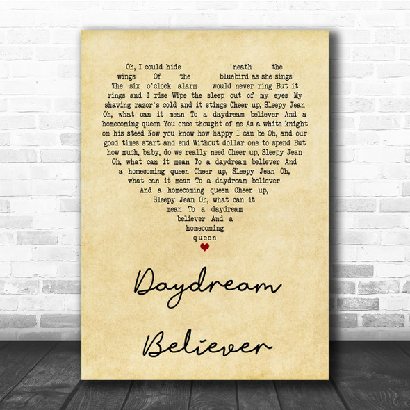 The Monkees Daydream Believer Vintage Heart Quote Song Lyric Print