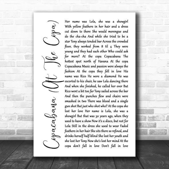 Barry Manilow Copacabana (At The Copa) White Script Song Lyric Poster Print