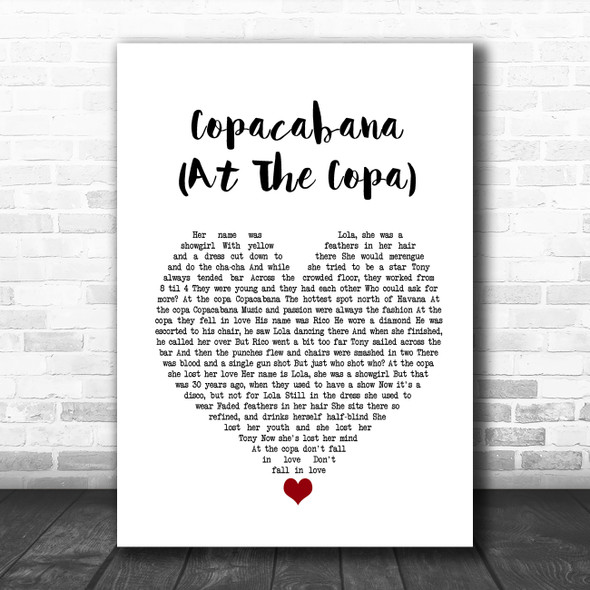 Barry Manilow Copacabana (At The Copa) White Heart Song Lyric Poster Print