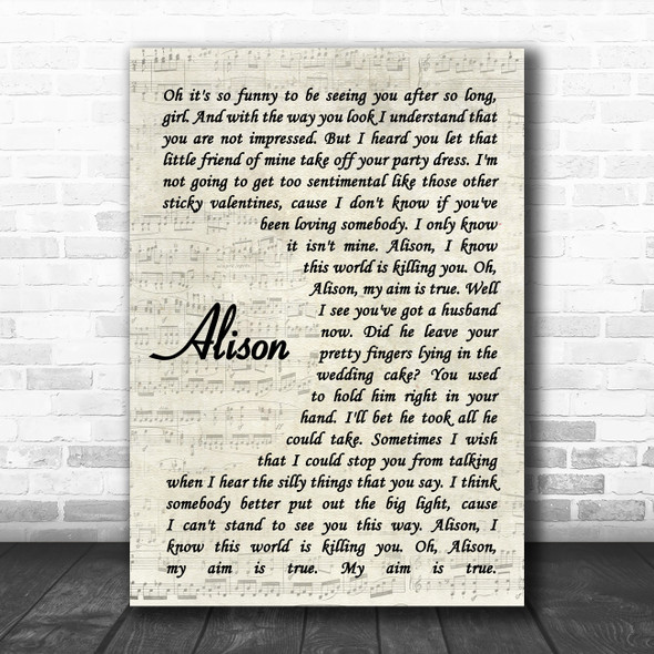 Elvis Costello Alison Vintage Script Song Lyric Poster Print