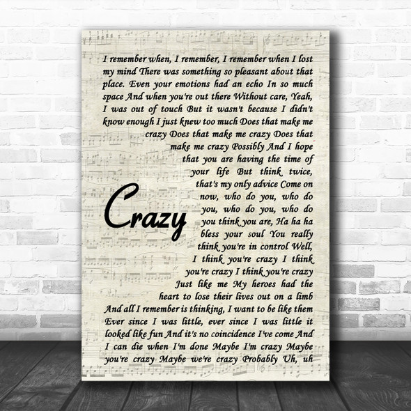 Gnarls Barkley Crazy Vintage Script Song Lyric Poster Print