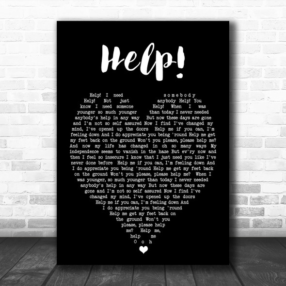 Help The Beatles Black Heart Song Lyric Music Wall Art Print
