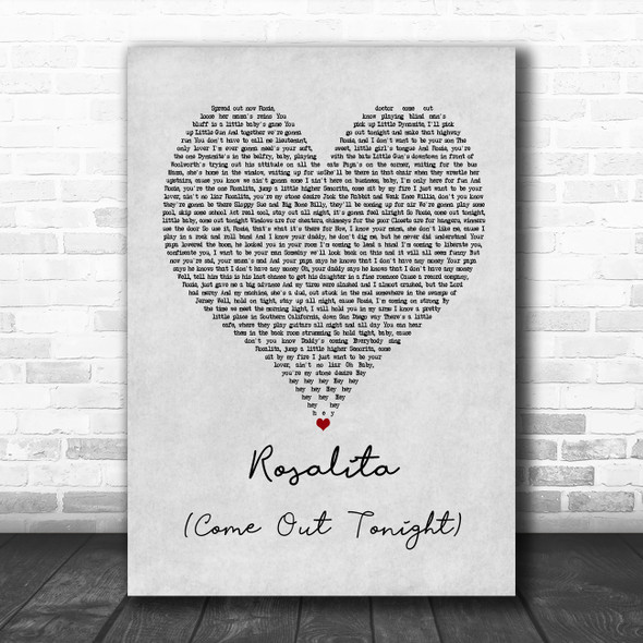 Bruce Springsteen Rosalita (Come Out Tonight) Grey Heart Song Lyric Music Poster Print