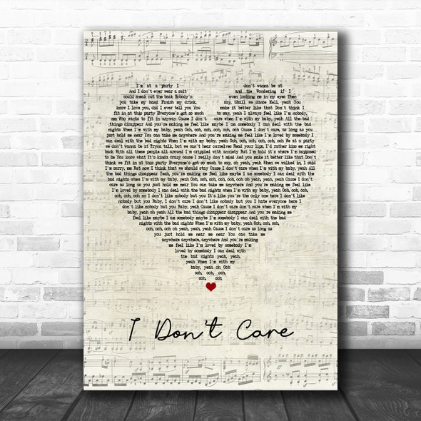 Ed Sheeran & Justin Bieber I Don't Care Script Heart Song Lyric Music Poster Print