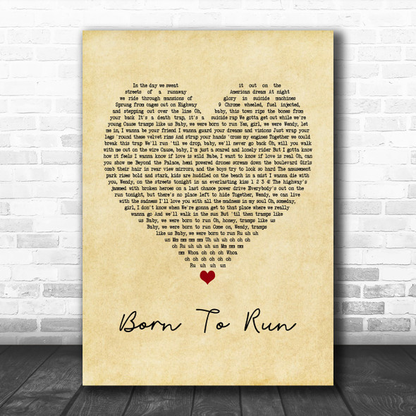 Bruce Springsteen Born To Run Vintage Heart Song Lyric Music Poster Print