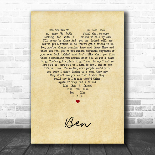 Michael Jackson Ben Vintage Heart Song Lyric Music Poster Print