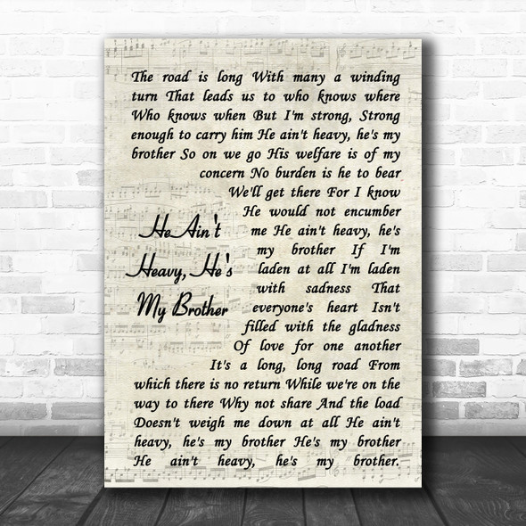 The Hollies He Ain't Heavy, He's My Brother Vintage Script Song Lyric Music Poster Print