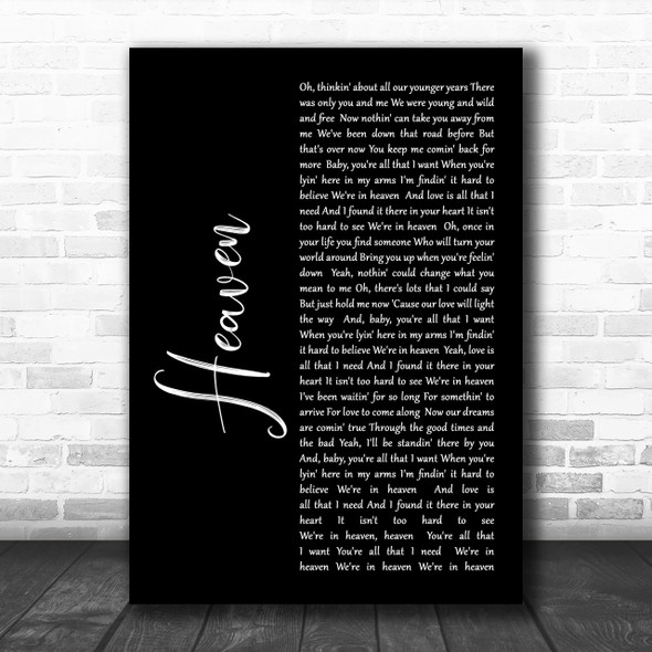 Bryan Adams Heaven Black Script Song Lyric Music Wall Art Print