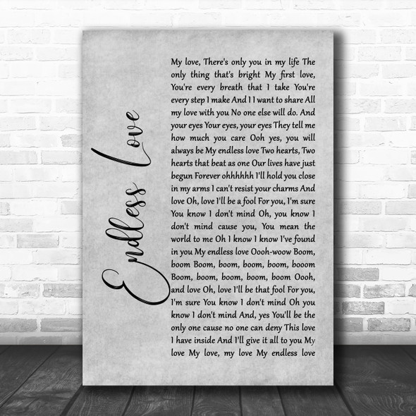 Lionel Richie & Mariah Carey Endless Love Rustic Script Grey Song Lyric Print