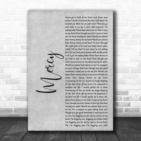Shawn Mendes Mercy Rustic Script Grey Song Lyric Quote Print