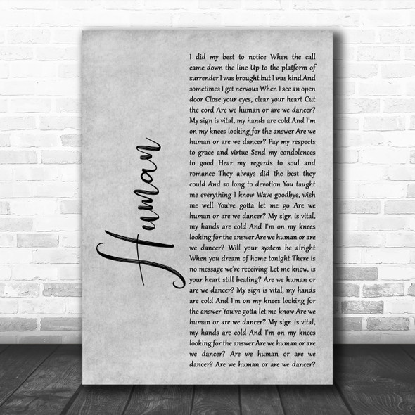 The Killers Human Rustic Script Grey Song Lyric Quote Print