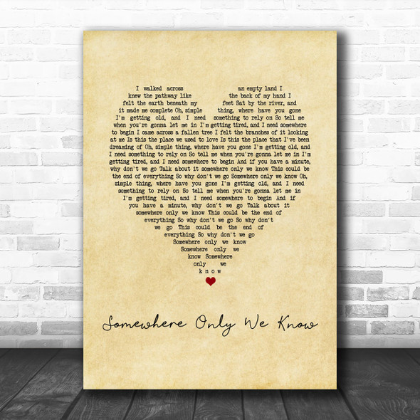 Keane Somewhere Only We Know Vintage Heart Song Lyric Print