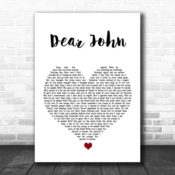 Taylor Swift Dear John White Heart Song Lyric Print