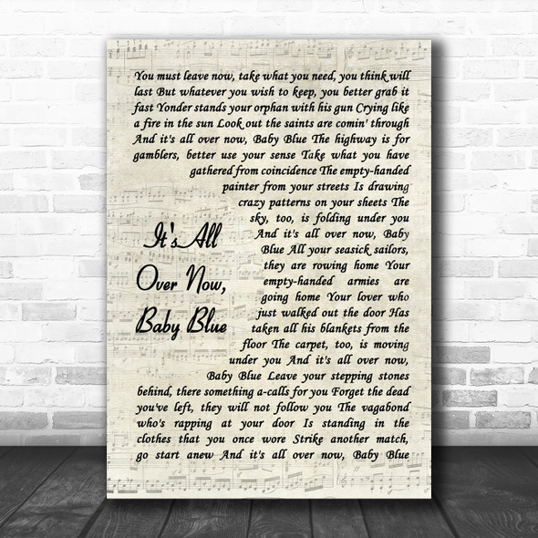 Bob Dylan It's All Over Now, Baby Blue Vintage Script Song Lyric Quote Music Print