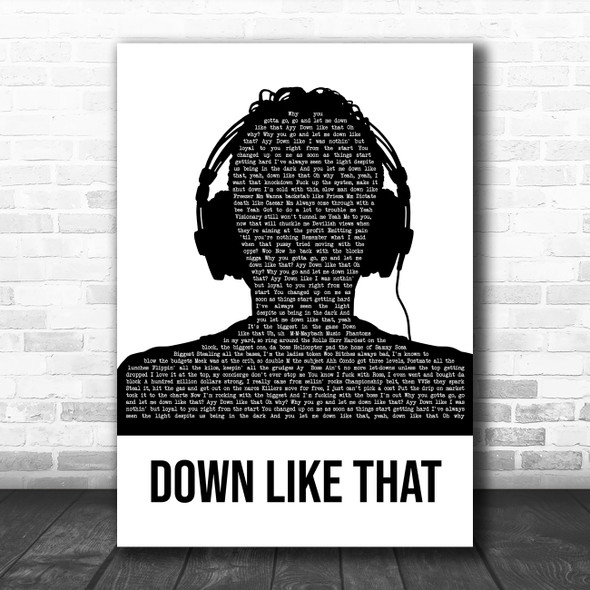 KSI Down Like That Black & White Man Headphones Song Lyric Quote Music Print