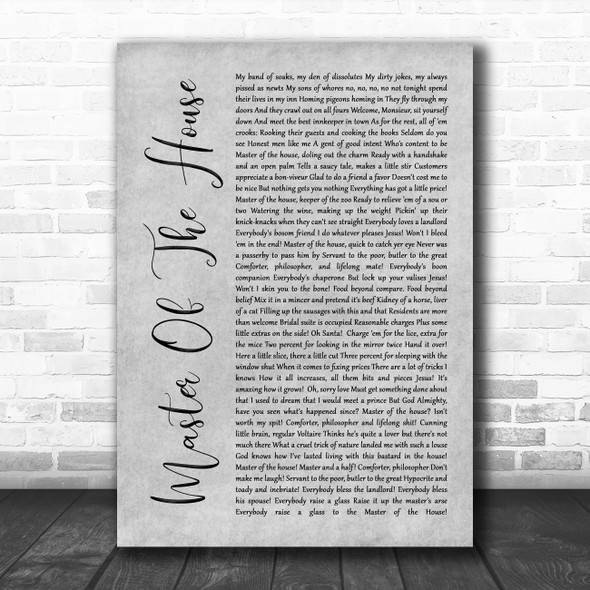 Les Miserables Cast Master Of The House Grey Rustic Script Song Lyric Quote Music Print
