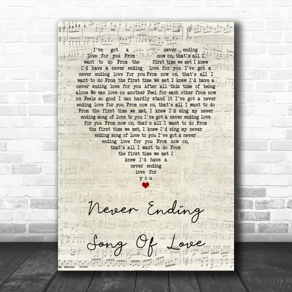 New Seekers Never ending song of love Script Heart Song Lyric Quote Music Print