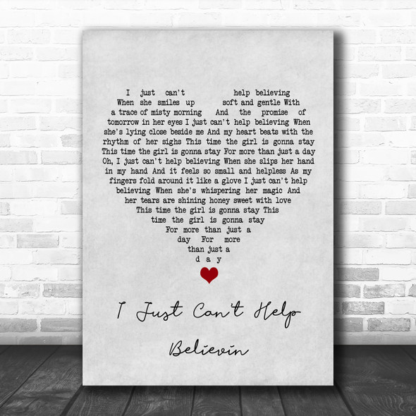 Elvis Presley I Just Can't Help Believin Grey Heart Song Lyric Quote Music Print