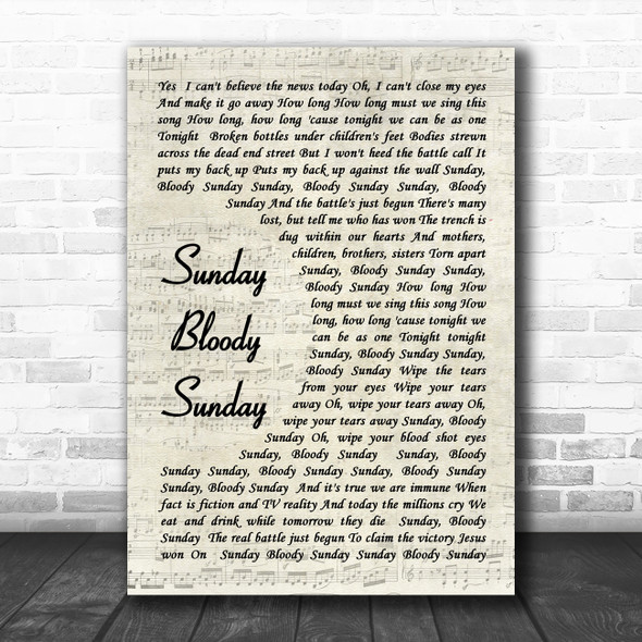 U2 Sunday Bloody Sunday Vintage Script Song Lyric Quote Music Print