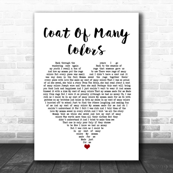 Dolly Parton Coat Of Many Colors White Heart Song Lyric Quote Music Print