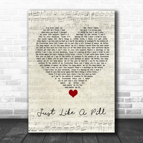 Pink Just Like A Pill Script Heart Song Lyric Quote Music Print