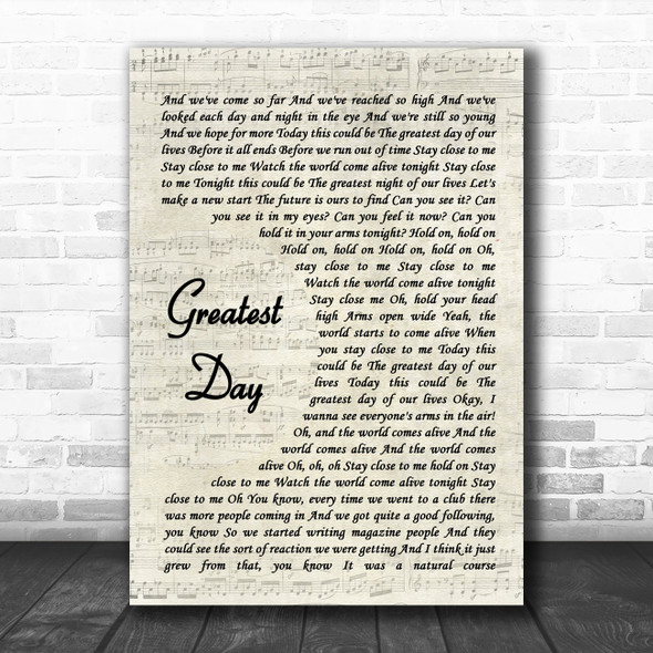 Take That Greatest Day Vintage Script Song Lyric Quote Music Print