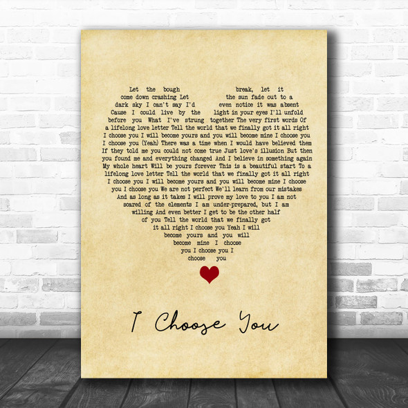 Sara Bareilles I Choose You Vintage Heart Song Lyric Quote Music Print