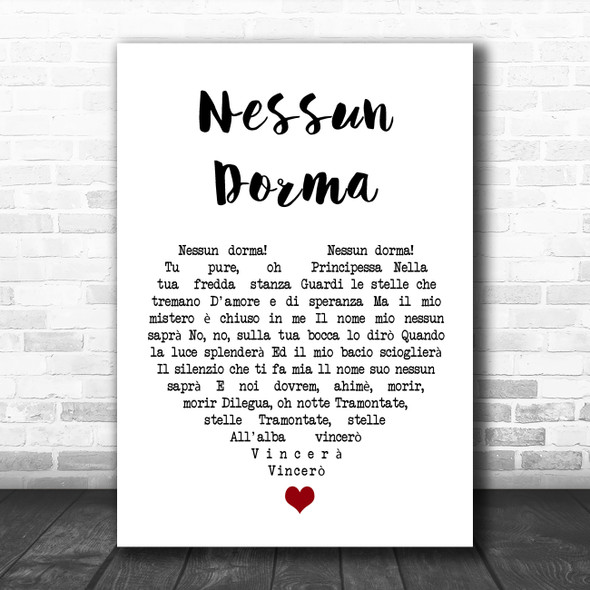 Luciano Pavarotti Nessun Dorma White Heart Song Lyric Quote Music Print