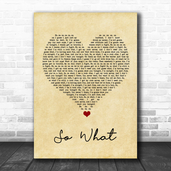 Pink So What Vintage Heart Song Lyric Quote Music Print