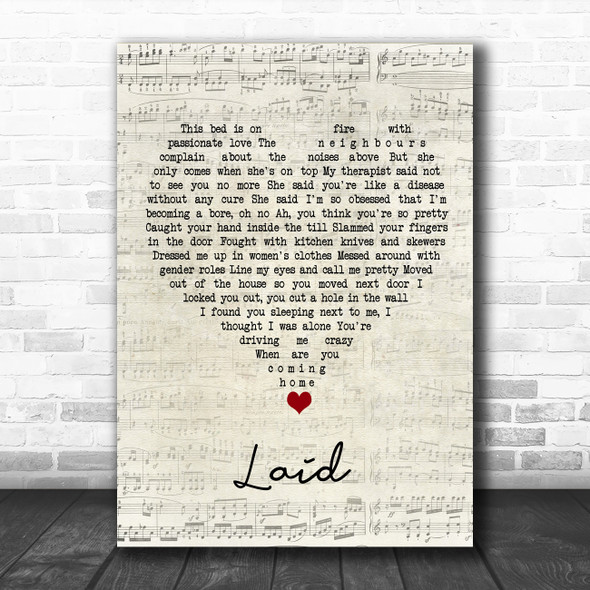James Laid Script Heart Song Lyric Quote Music Print