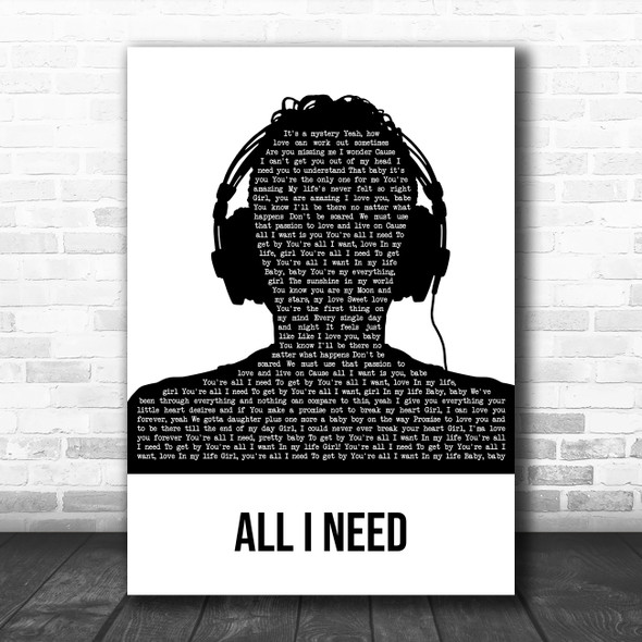 The Green (band) All I Need Black & White Man Headphones Song Lyric Wall Art Print