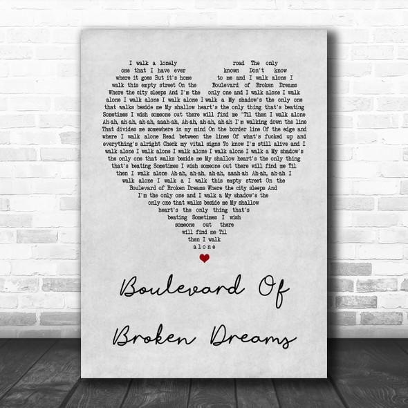 Green Day Boulevard Of Broken Dreams Grey Heart Song Lyric Music Wall Art Print