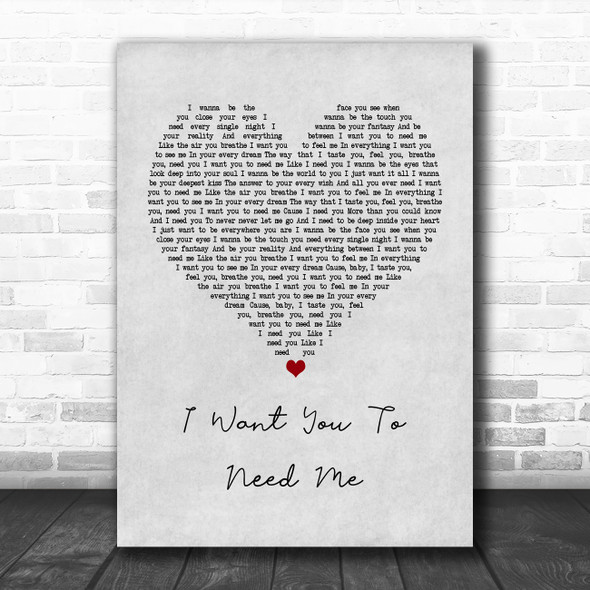 Celine Dion I Want You To Need Me Grey Heart Song Lyric Wall Art Print