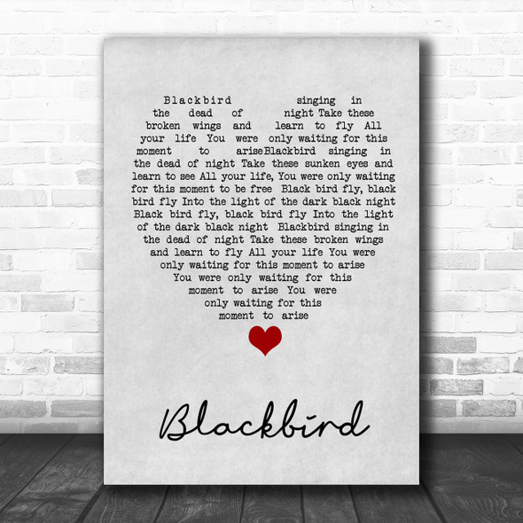 Blackbird The Beatles Grey Heart Song Lyric Music Wall Art Print