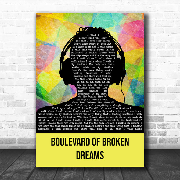 Green Day Boulevard Of Broken Dreams Multicolour Man Headphones Song Lyric Wall Art Print