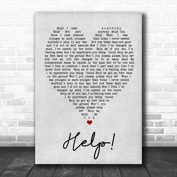 Help The Beatles Grey Heart Song Lyric Music Wall Art Print