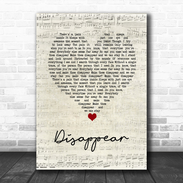 Hoobastank Disappear Script Heart Song Lyric Wall Art Print