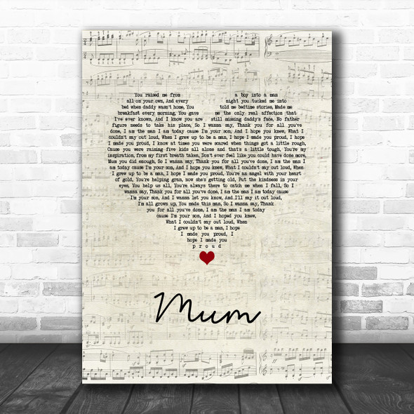 Nathan Grisdale Mum Script Heart Song Lyric Wall Art Print