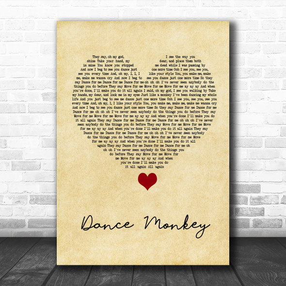 Tones And I Dance Monkey Vintage Heart Song Lyric Wall Art Print
