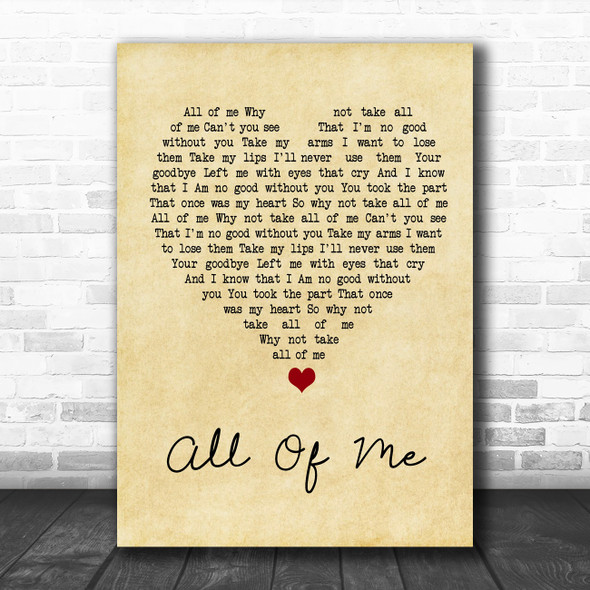 Willie Nelson All Of Me Vintage Heart Song Lyric Wall Art Print