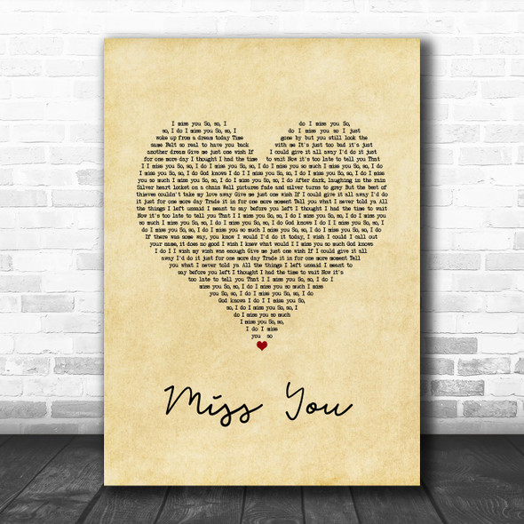 Nickelback Miss You Vintage Heart Song Lyric Wall Art Print